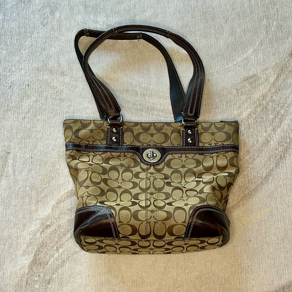 Coach Signature Hampton Tote in Mocha Leather and Canvas Logo